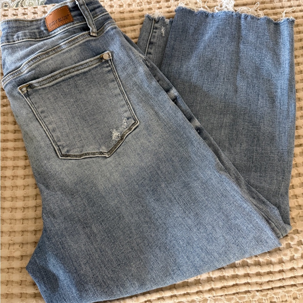 Judy Blue Light Blue Frayed Hem Wide Leg Jeans